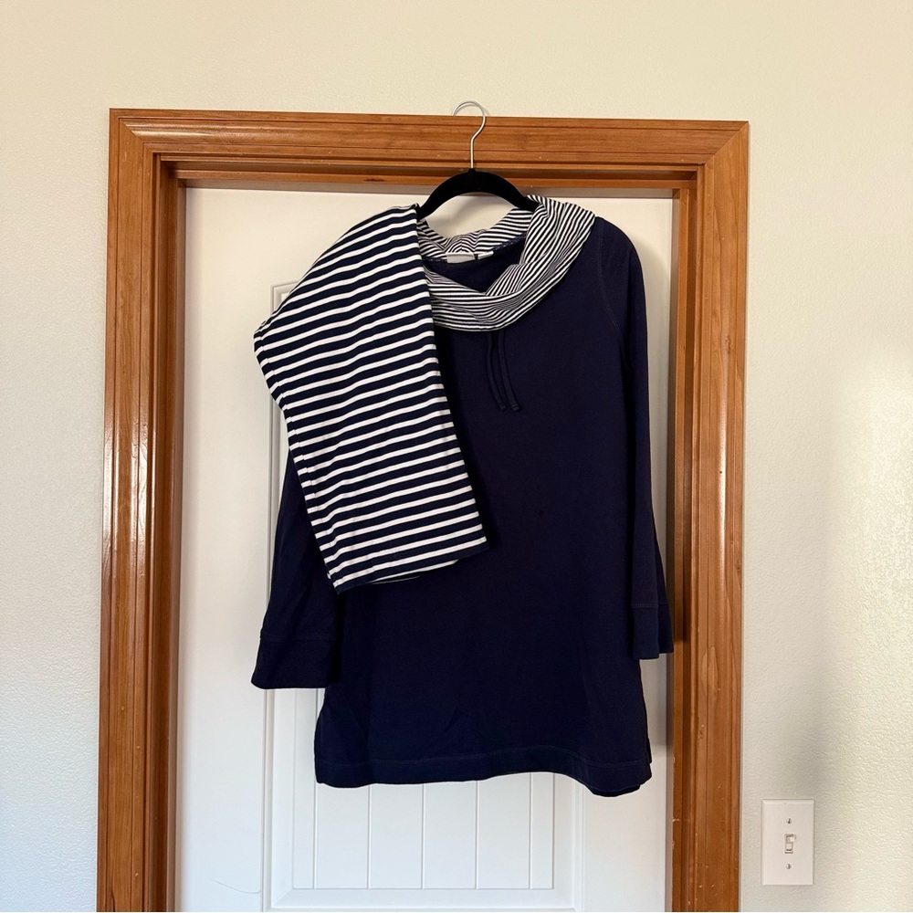 Chico's Navy and White Striped Cowl Neck Top and pants